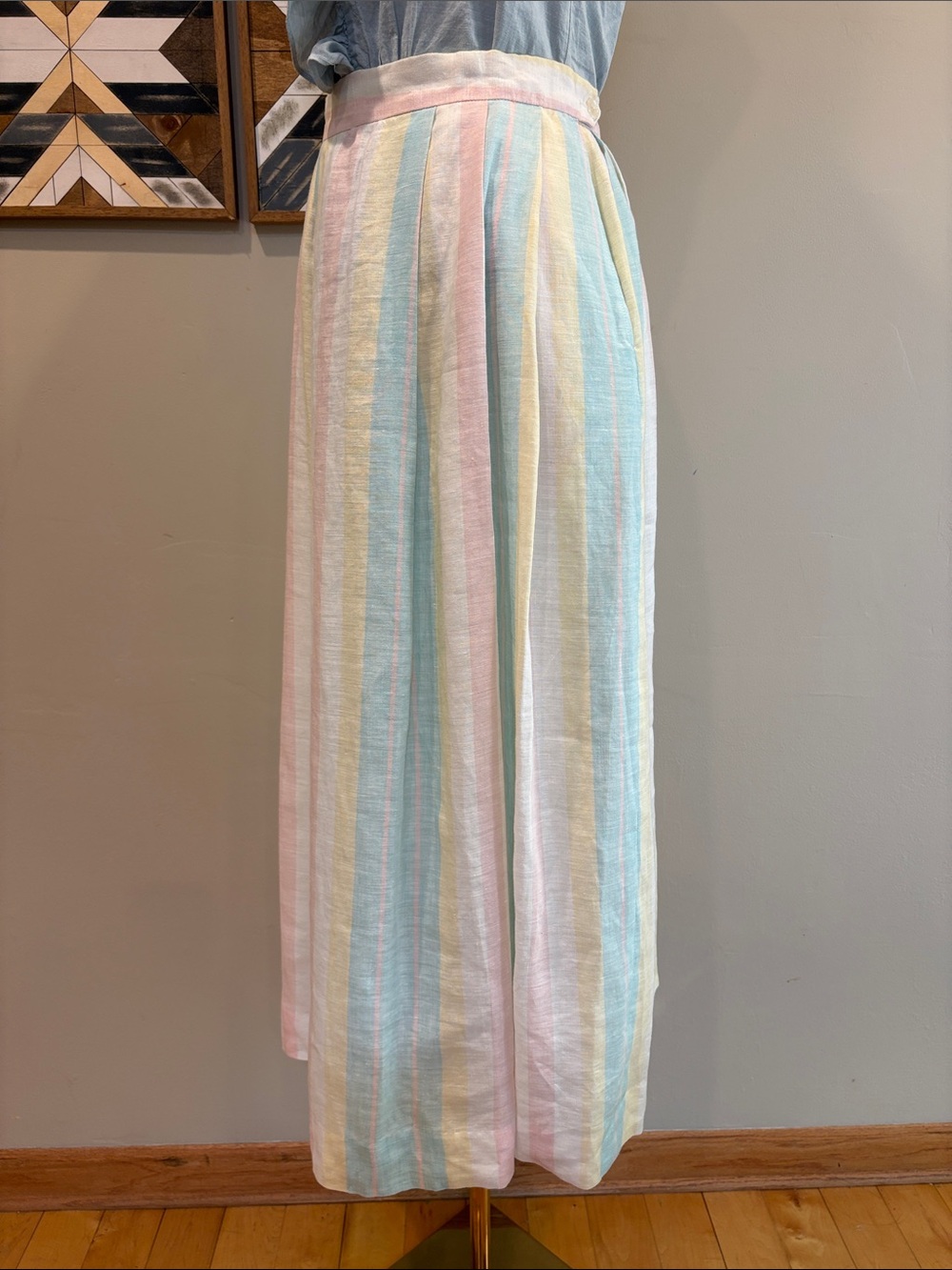 Vintage Tassels & Cuffs Corbin Ltd Striped Pastel Pleated Linen Skirt size Small - Picture 5 of 14